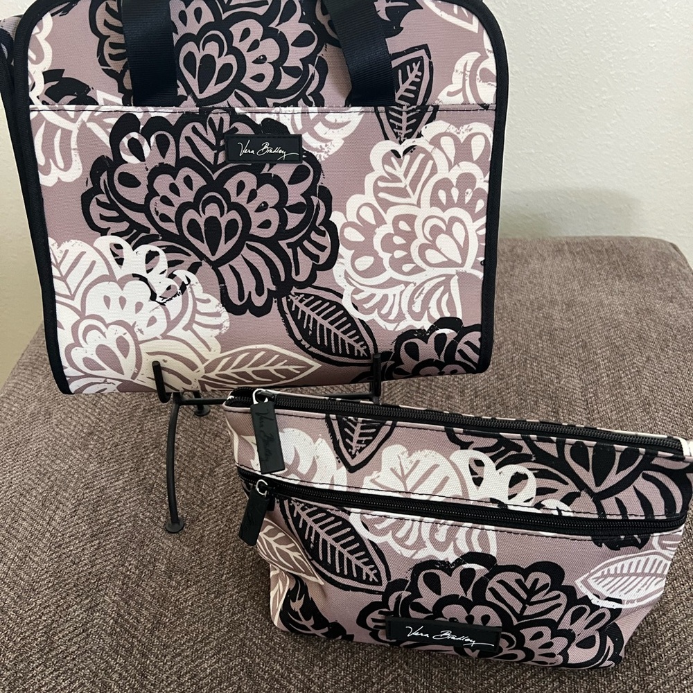Vera Bradley Black and Taupe Floral Cosmetic 2 Piece Bag Set